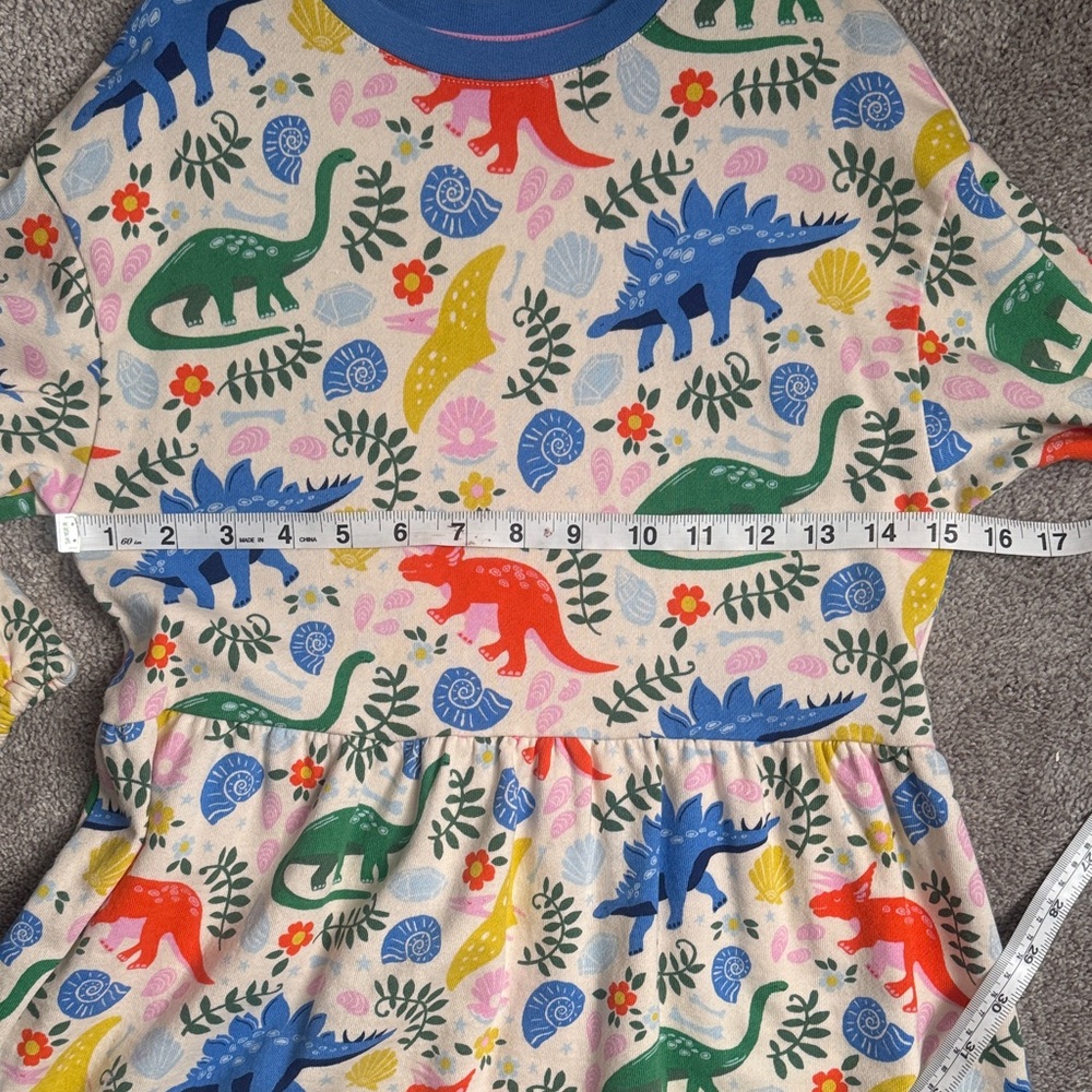 Mini Boden Cream Dress with Multicolor Dinosaur Print (blue, green, red, yellow) - Picture 8 of 8